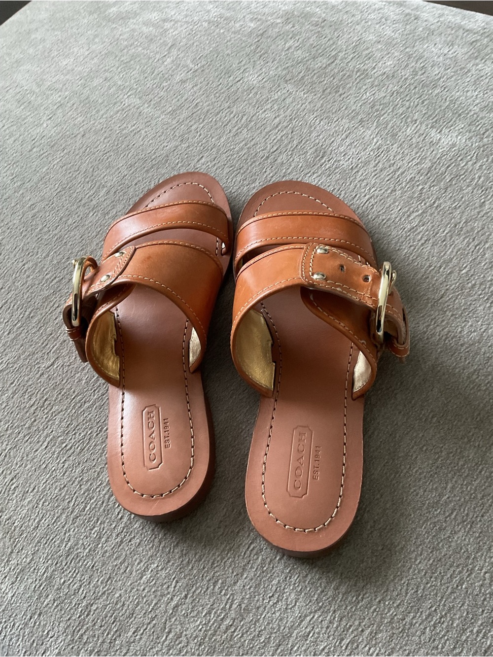 Coach Tan Leather Double-Strap Slide Sandals with Gold Buckle - Picture 6 of 9